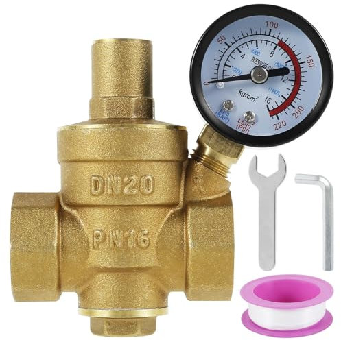 AMEEDA Druckminderer Wasser Wasserdruckminderer 3/4 Zoll DN20 Messing Wasserdruckregelventil 1/2 Zoll DN15 Einstellbarer Druckminderer Manometer(Gold 1 2 inch DN15)