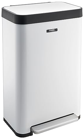 Cooks Professional XL Pedal Bin 65L | Wide Single Compartment Stainless Steel Kitchen or Office Dustbin for Recycling or Waste with Single Pedal Operation, Soft Close Lid & Removable Inner | White