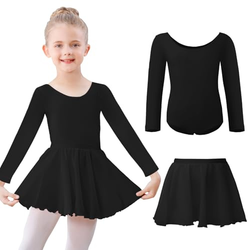 Kefiyis Ballettkleidung Mädchen Ballettkleid Langarm Ballettanzug Kinder Balletttrikot Tanzkleid Baumwolle Tanzbody mit Ballettrock Tütü Ballerina Kleid 3-11 Jahre