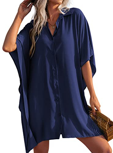 AI'MAGE Strandklänning med knappar för dam strandskjorta sommarblus tunika chic elegant V-ringad strand bikini täcka upp, Marinblå, XL