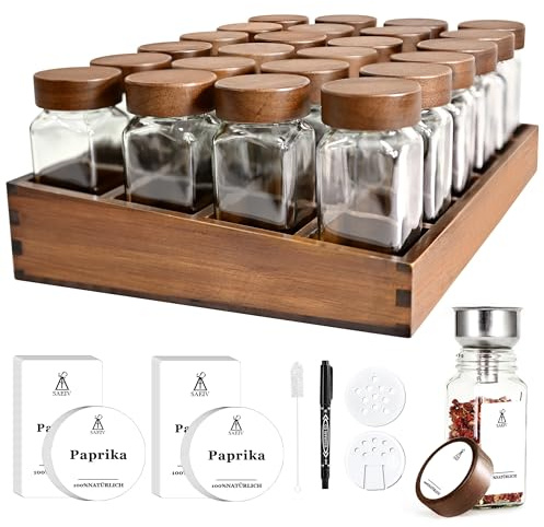 SIAZIH Gewürzregal Holz,Holzdeckel Gewürzgläser Eckig, (24 x 120ml) Gewürzbehälter,Eleganter Gewürze-Organisator, Stehend,Gewürzregal Mit Gläsern,kitchen Storage & Organisation
