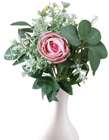 Mokylor 14,5 Zoll Künstlicher Rosen-Eukalyptus-Blumenstrauß, Künstliche Seidenrosen, Brautstrauß, Künstliche Rosen, Eukalyptus-Stiele, Blumenarrangements für Hochzeit, Zuhause, (C)