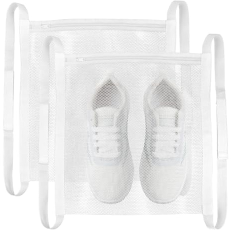2-pack Sneaker torkväska 40 x 40 cm torr nätväska för torktumlare med dragkedja och rem för skor, vit stor HoneyComber nätväskor för tvättmaskin