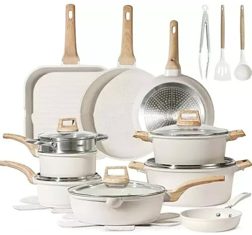 Juego de 21 ollas y sartenes, juegos de utensilios de cocina antiadherentes, juego de utensilios de cocina de inducción de granito blanco antiadherentes con sartenes, 22 piezas, uno