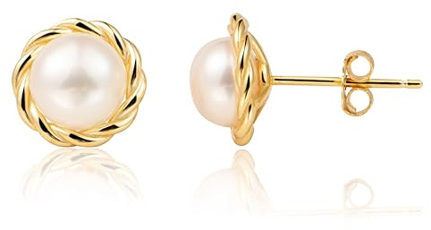MAPLEDAIRY Genuine Lustrous Pearl Earring Studs 18k gold plated Sterling Silver Post, Real Freshwater Pearls (Yellow Gold)