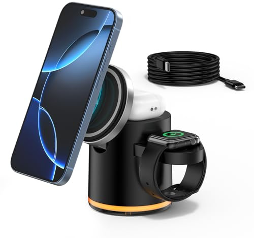Chargeur Induction 3 en 1 pour iPhone,MagSafe Pliable Chargeur de Cube sans Fil avec Lampe,3 en 1 Station de Charge Rapide pour iPhone 16/15/14/13/12/11 Pro/Max,Apple Watch Série 1-10/SE,AirPods Pro