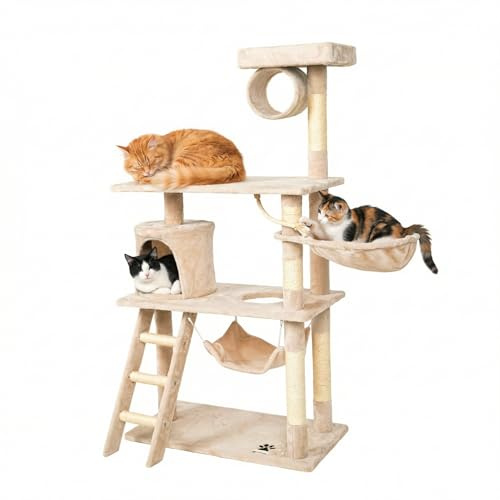 CASA Basics Rascador para Gatos PILLI 141 cm, Árbol con Plataformas y Accesorios para Jugar y Descansar Centro de Actividades Torre de Gatos Rascador para Gatos Casa para Gatos (Beige)