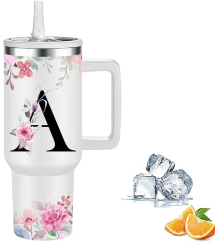 Thermobecher Personalisiert, Thermosbecher Kaffee to go Reisebecher mit Strohhalm,1.2l Edelstahl Trinkflasche Für Kohlensäurehaltige Getränke,Stylische Monogramm,Geschenke für Frauen und Männer(A)