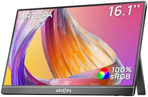 ARZOPA 16,1 tum 1920 x 1 080 FHD IPS bärbar datorskärm med enkel stång, stöder HDMI/typ-C/USB-C, spelskärm för bärbar dator/PC/Mac/PS3/4/5/Xbox
