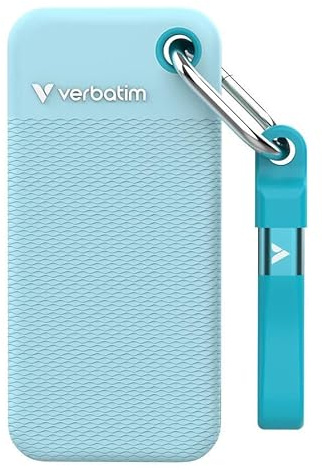Verbatim Pocket SSD 2TB USB 3.2 Gen2 Externe SSD 1000MB/s Polar Blau | Bis zu 1000 MB/s Lesen & Schreiben, Externe Festplatte inkl. 2 Gummihüllen (Schwarz & Polar Blau), für PC, Mac & Konsole