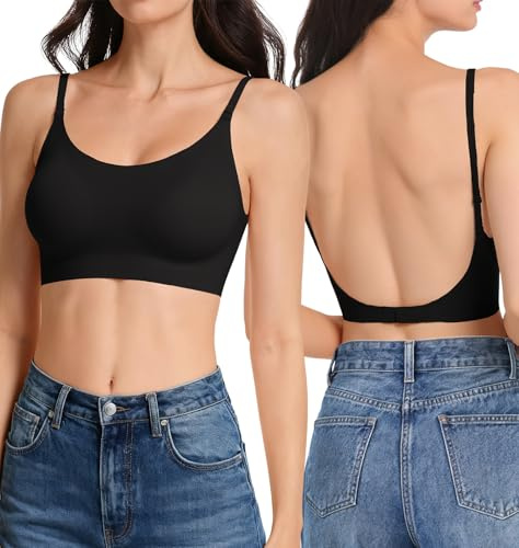 Anncude Low Back Bra Seamless Multiway Bralette - Scoop Neck Backless Bras for Women Padded Spaghetti Thin Strap Wireless Bra Black