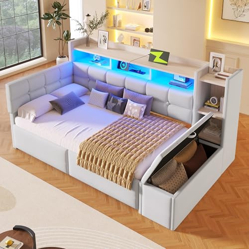 MOBETTRES Tagesbett, Daybett, Schlafsofa, 90 × 190 cm, mit Zwei Schubladen, USB- und Typ-C-Anschlüssen, Ablagefach, Stauraumbank am Fußende, LED-Lichtleiste, Ohne Matratze, Samt (Weiß, 90 × 190 cm)