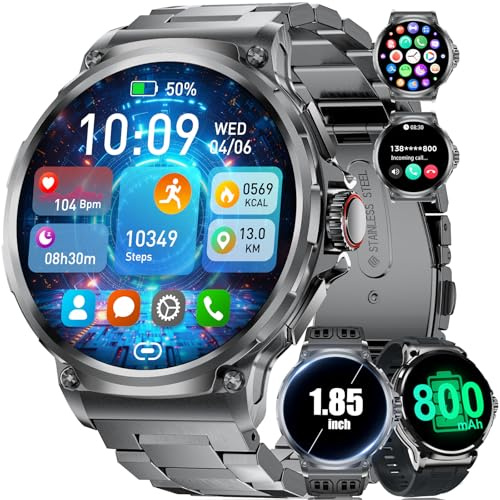 Smartwatch Herren Militär, 1,85'' HD-Großes Display-Sportuhr mit Telefonfunktion, 800 mAh Akku, Herzfrequenz/Schlafmonitor, 123 Sportmodi, IP68, Schrittzähler Kalorien Fitnessuhr für Android iOS