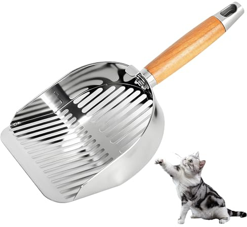 Stainless Steel Cat Litter Scoop, Sturdy Mesh Poop Scooper for Litter Tray | with Deep Shovel and Long Handle, Dual Slot Sizes 5mm & 7mm, Rust-Proof, Easy Clean, for Cat, Chicken, Bunny, Small Animals