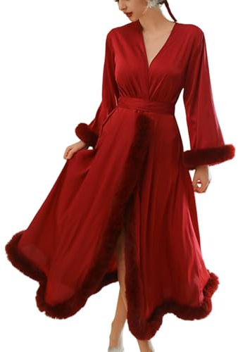 Generisch Peignoir long Luxious pour femme - Avec bord en peluche - Taille froncée - Satin de soie - Doux et douillet - Pyjama long et élégant - Pour la Saint-Valentin - Grandes tailles - Peignoir de