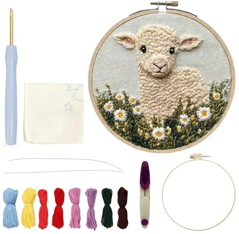 Vyqrx Punch Needle Set Anfänger - Stanznadel-Set Schaf & Gänseblümchen mit 20cm Stickrahmen, Ideal für Punch Art & Geschenke