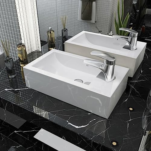 Runheo Waschbecken Rechteckig aus Keramik Weiß 46x25,5x12 cm mit Hahnloch für Aufsatzwaschtisch Montage im Badezimmer Gäste WC Sanitärbereich