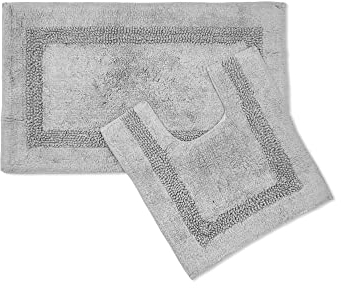 Diamante Sparkle 100% Cotton Heavyweight 2 Piece Bath Mat & Pedestal Bathroom Toilet Set Silver Grey (Standard)