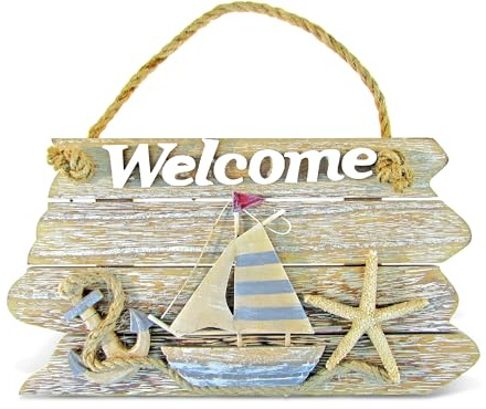 CoTa Global Vintage Welcome Nautical Decor Sign - Nautical Themed Wood Sign, Beach Decor for Wall, Novelty Vintage Starfish, Sailboat and Anchor Hanging Wooden Figure