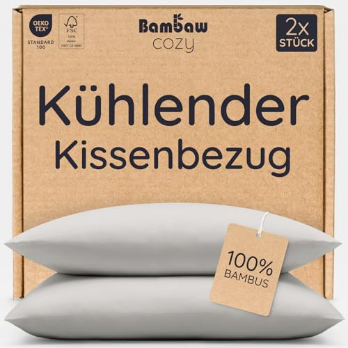 Bambaw Bambus Kissenbezug 40x80 cm, 2-er Pack, Bettwäsche kühlend Sommer, nachhaltige Bambus Bettwäsche, antibakterieller Kissenbezug Allergiker, haarfreundliche Kopfkissenbezug kühlend (Grau)