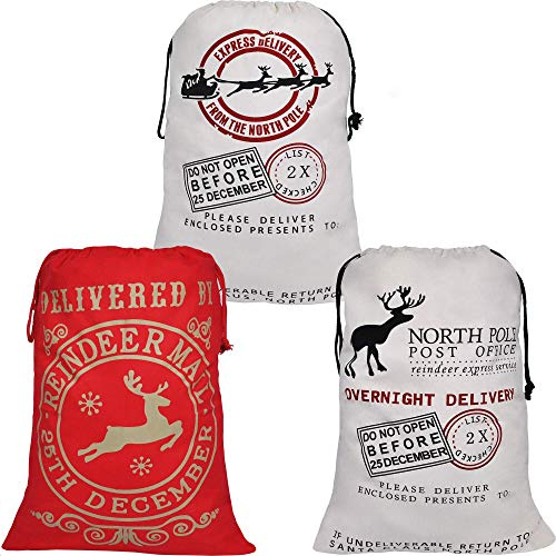 JOYIN (66 x 48cm) 3 Santa Weihnachtssack Weihnachts Geschenk Taschen mit Kordelzug, große Nikolaussack Weihnachtsmann Sack Santa Sack Geschenkesack Weihnachtsmannsack für Geschenke