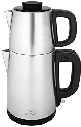 Karaca INOX Tetera negra 1650 W, máquina de té turca Cay Makinesi, acero inoxidable, hervidor eléctrico automático, tetera caliente, Samovar eléctrico