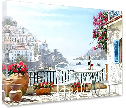 STYLER Leinwandbild Veranda 60 x 80 cm I Wandbild mediterran Ferienhaus Urlaub Natur Süden I Bild Wohnzimmer Schlafzimmer Esszimmer Leinwand I Verschiedene Motive & Größen