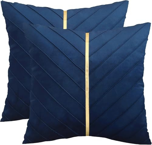 Tosleo Kissenbezüge 2er Set Samt Kissen mit Goldfarbenem Leder 45 x 45 cm Dekokissen Moderne Luxuriös für Sofa Gartenbett Couch Wohnzimmer Sofakissen Bett
