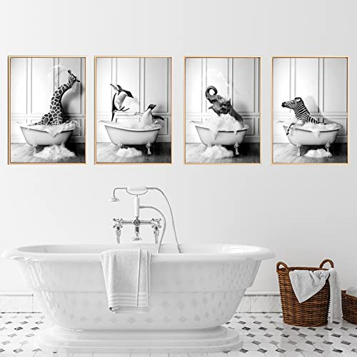 UGZDEA Tier in der Badewanne Leinwand Bilder, Schwarz Weiß Hochlandkuh Elefant Badezimmer Poster Modernes Wohnzimmer Schlafzimmer Home Decor-ohne Rahmen(F,4x20x30cm)