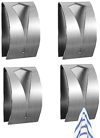 ANMEISH 4 Pcs Tea Towel Holders Self Adhesive,Grabber Stainless Steel Tea Towel Stick on Hooks,Sticky Wall Hooks for Hand Towel Holder Push and Grip,Kitchen Dish Towel Hanger for Bathroom (Silver)