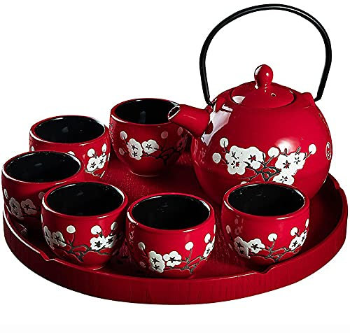 Juego de té para adultos Juego de té Kung Fu Juego de té de porcelana Tetera con 6 tazas de té y tabla de té Regalo de boda para mujeres Decoración de flores de cerezo