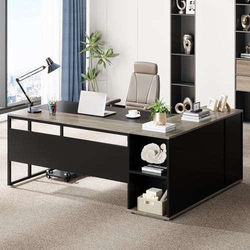 Tribesigns 71 inch Executive Desk, L Shaped Desk with Cabinet Storage, Executive Office Table with Shelves, Business Furniture Set Workstation for Home Office, Gray