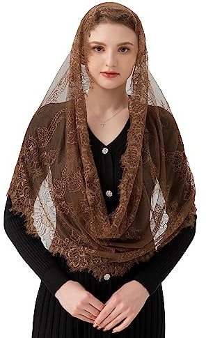 PAMOR Velo de encaje estilo español tradicional inspirado en la vendimia en forma de infinito Mantilla Mantilla cubierta de cabeza de masa latina, Marrón, Talla única