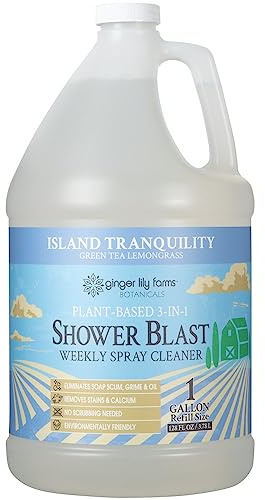 Ginger Lily Farms Botanicals Plant-Based 3-in-1 Shower Blast Weekly Spray Cleaner, 100% Vegan & Cruelty-Free, Island Tranquility, Green Tea Lemongrass, 1 Gallon (128 fl. oz.) Refill