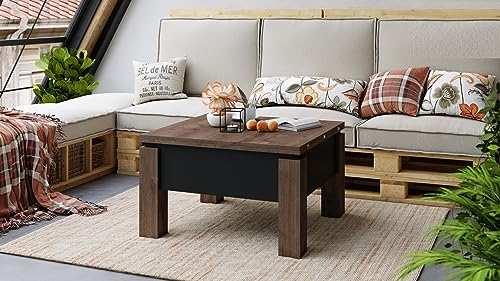 designimpex Design Couchtisch Tisch Oslo höhenverstellbar 49 / 76cm aufklappbar 80 / 160cm Esstisch, Farbe:Eiche dunkel - Schwarz matt