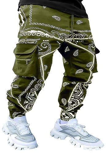Herren-Hose, Paisleymuster, Cargohose, Jogger, Hip-Hop, Workout, Punk, Bandana, Techwear, Streetwear, Sweatpants, Grün (Army Green), X-Groß