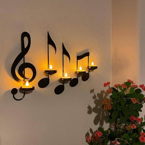 SADOMAIN Kerzenhalter Wand Music Note, 4er-Set Wandkerzenhalter Musiknoten Deko Vintage,Kerzenhalter Satz Schwarz Metall Kerzenständer, Adventskranz Kerzenhalter für Weihnachten Hochzeit Wohnzimmer