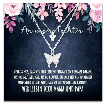 BYLITZ An meine Tochter Vergiss nie Doppelherz Karabiner Halskette mit personalisierter Karte und Geschenk- Box Kette mit Zirkonia zum Geburtstag Weihnachten