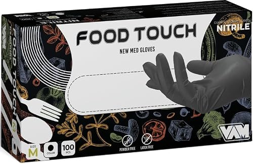 Guanti in Nitrile, Guanti monouso Colore Nero Food Touch Confezione 100 Pezzi ideali per Settore ALIMENTARE, Ho.Re.Ca, Estetica e Tatuatori, di Qualità Superiore (XL)