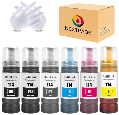 Nextpage 114 Tinte kompatibel für Epson 114 Multipack für Epson Ecotank ET-8500 ET-8550 Et 8500 Et 8550 Tinte (6 Packungen, Schwarz, Fotoschwarz, Cyan, Magenta, Gelb, Grau)