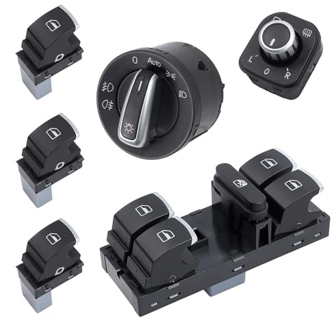 GearPrice 6 Stücke Fensterheber Schalter Scheinwerfer Lichtschalter Fenster Spiegel Set für VW Golf 5 6 Passat 3C Chrom,kompatibel mit OEM: 5ND959857 5ND941431B 5ND959565A 5ND959855