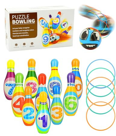 TayBong Juego de Bolos para Niños 3 4 5 Años, Juego de Bolos para Niños con 10 Bolos 5 Anillos y 2 Bolas, Juegos de Jardín para Niños Juguetes Montessori