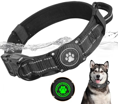 Ytanest Taktisches Hundehalsband mit Griff, Wasserdicht Airtag Halsband Weich Gepolstertes Nylon Verstellbare für Mittlere Große Hund, Schwarz, M