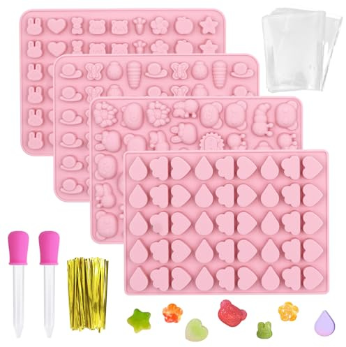 4pcs Molde para Hacer Gominolas, Molde Caramelos Silicona Sin BPA, Mini Moldes de Animales Antiadherentes con 2 Goteros y 50pcs Bolsitas para Caramelos, Gomitas, Chocolate, Dulces