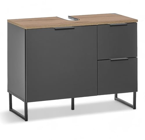 DENVER Waschbeckenunterschrank Schwarz Evoke Eiche 80 x 60 x 35 cm (B/H/T) | Badezimmer Unterschrank mit Tür und Schubkästen, kufenförmige Füße, Metallgriffe, mit viel Stauraum fürs Bad