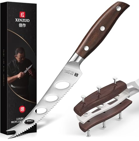 XINZUO 13cm Käsemesser Deutschem 1.4116 Edelstahl -Gabelspitze, Gezackt und Antihaftklinge- für Käse,Butter,Obst und Brot -Käseschneider Käsebeil -Full-Tang Griff Red Sandalwood -mit Geschenkbox