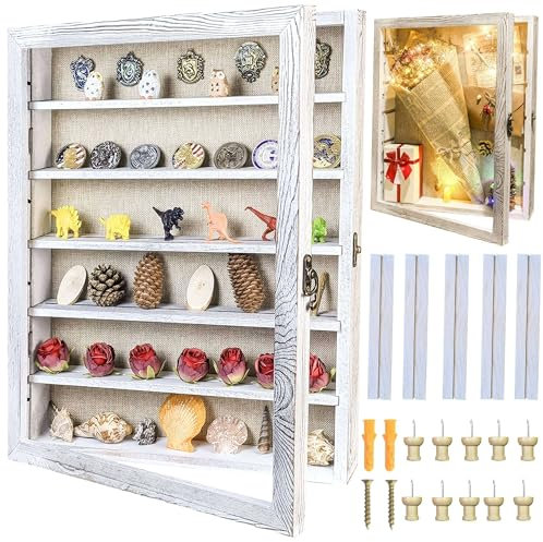 Houstimi Große Schattenbox mit Regalen, 40,6 x 50,8 cm, mit Regalen, Haustier-Gedenkschattenbox, Vitrine mit Leinenrückseite für Blumen, Bilder, Medaillen, Münzen, Pin-Sammlung und mehr, Weiß