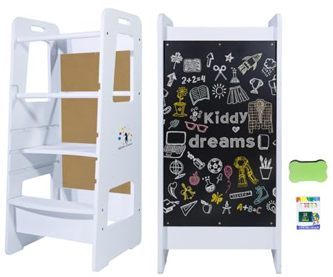 CCLIFE Montessori Lernturm Kinderstuhl, Höhenverstellbarer Learning Tower mit Tafel, Küchenhelfer für Kinder, Sicherer und Leicht zu Reinigen, Bis 100 kg Tragkraft