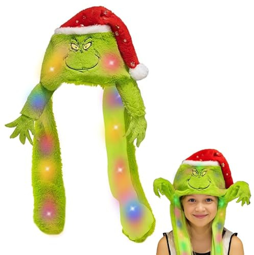 LED Mütze mit Beweglichen Ohren,Lustige Mütze mit Ohren,Hase Mütze,Mütze mit Ohren,Weihnachtsmann Plüsch Hut,Cosplay Urlaub Weihnachten Halloween Karneval Party Geschenk für Damen Mädchen Kinder