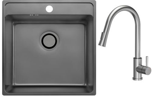 VBChome Fregadero de acero inoxidable con grifo, 49 x 48 x 21 cm, estructura de lino grafito, acero inoxidable, con orificio para grifo, sifón grande, sifón, fregadero de acero inoxidable, grifo Inox